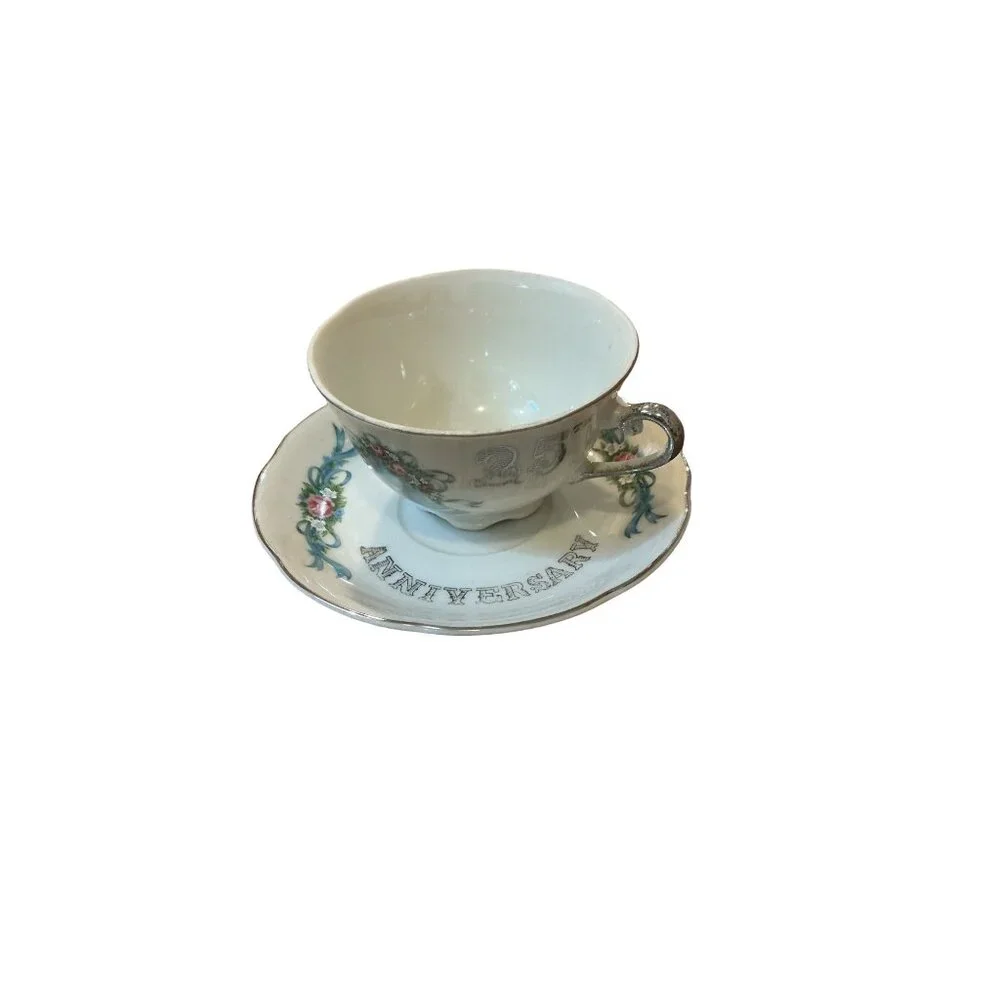 25th Anniversary Porcelain Cup & Saucer Set With Blue Bell & Floral‎ Design